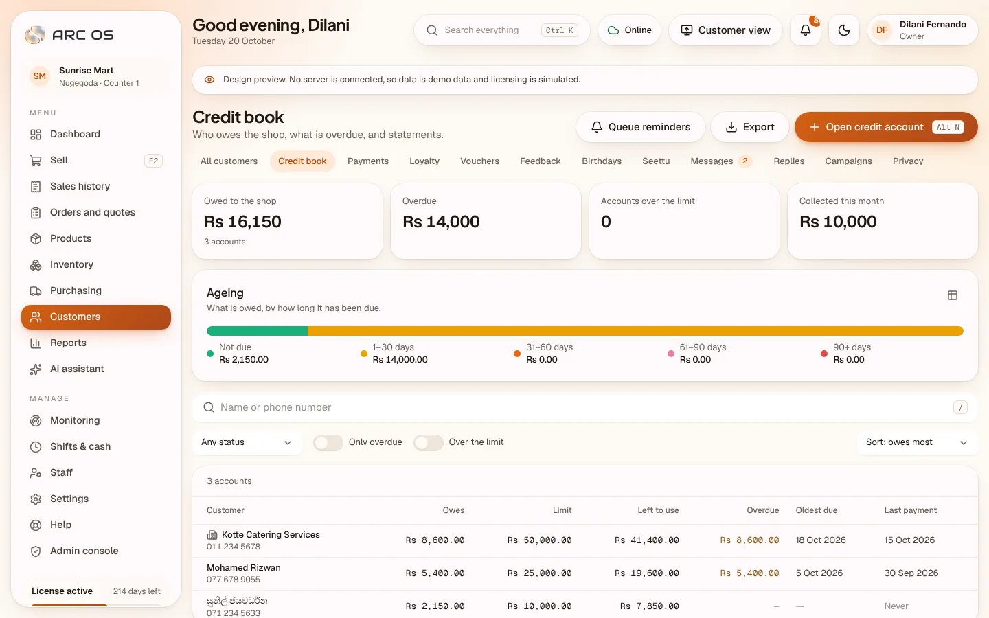 The credit book with accounts, balances and overdue amounts