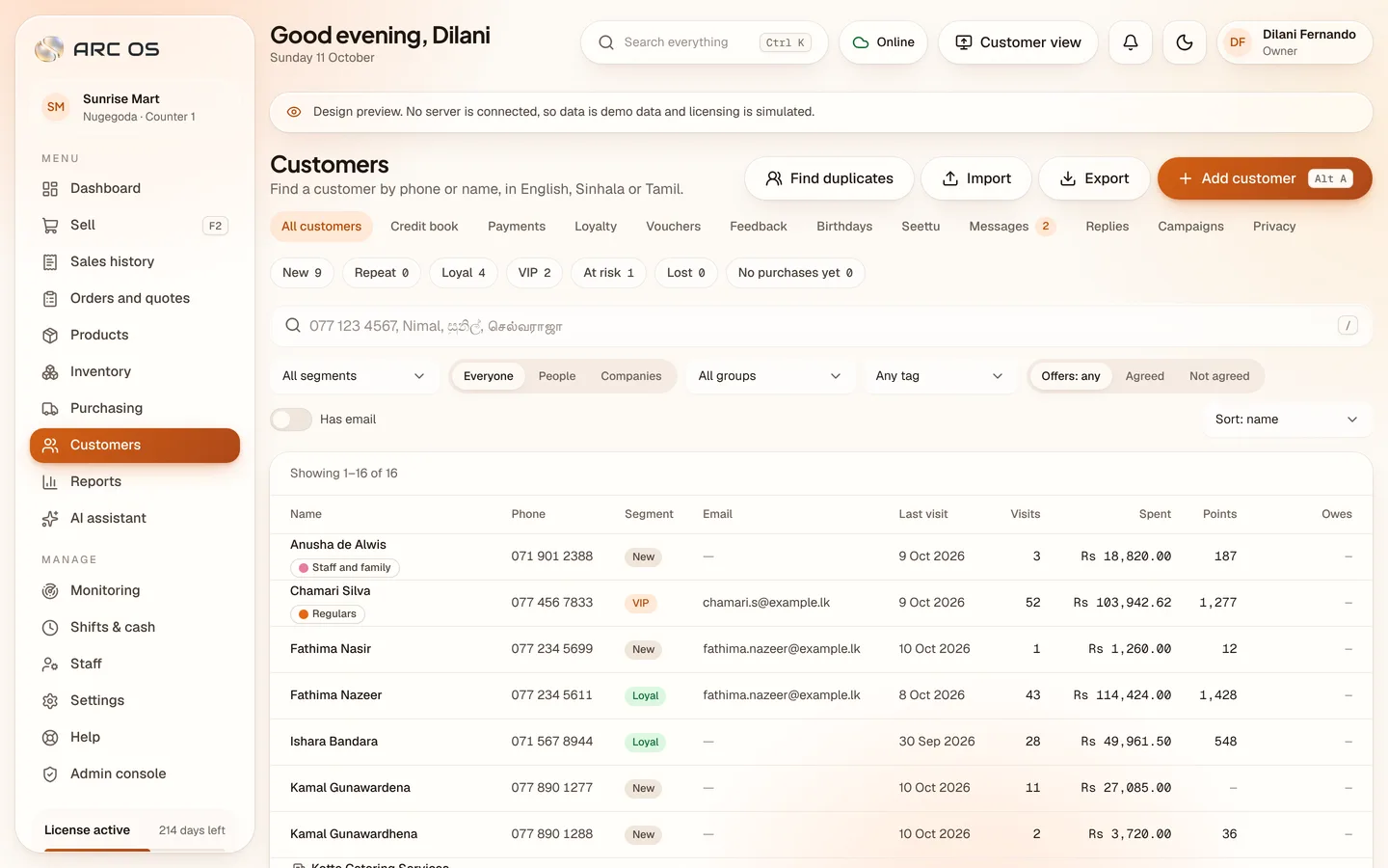 The customer list with segments, points and the last visit