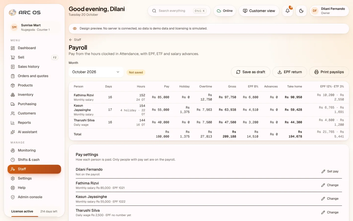 Payroll: the month's pay with EPF and ETF