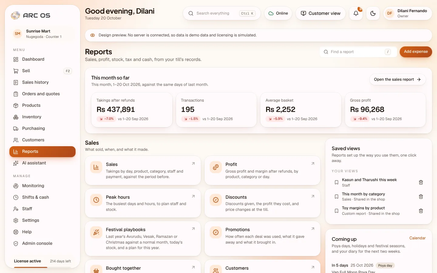 The reports hub with every report as a card